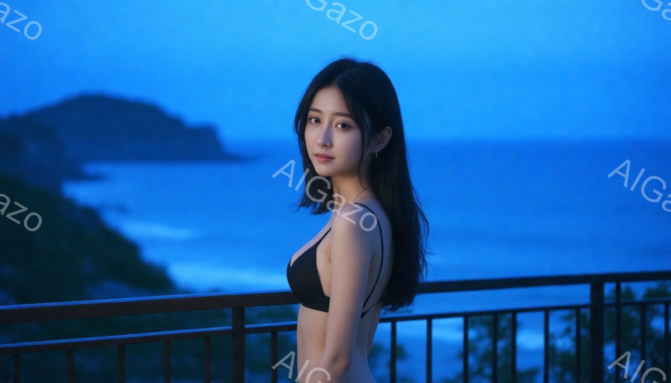 長い黒髪の女性がバルコニーの手すりに寄りかかり、黒いビキニトップを着ています。彼女はカメラに向かって少し微笑み、リラックスした表情をしています。背景には青い海と緑の丘が見え、夕暮れ時の穏やかな雰囲気が漂っています。