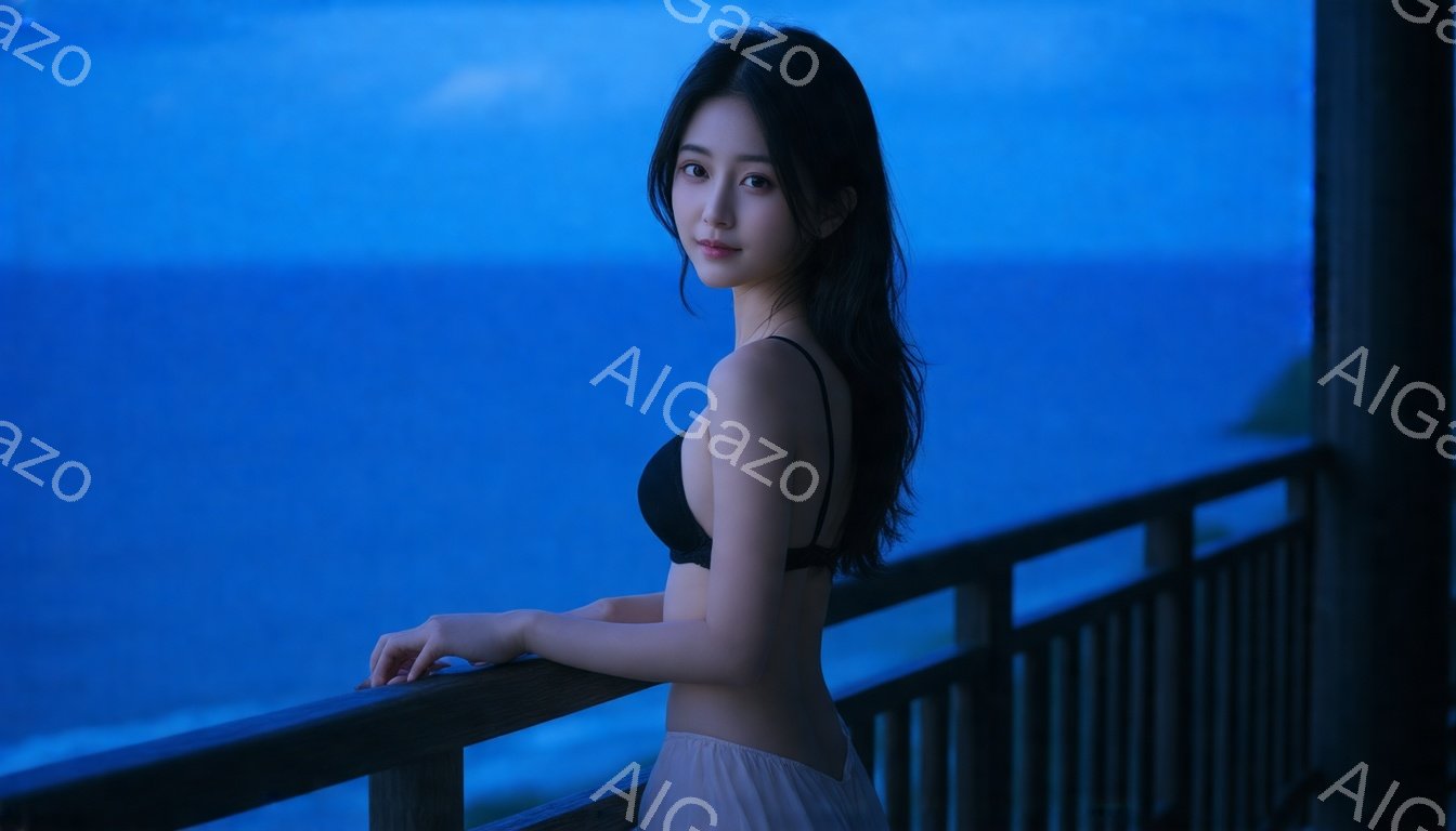 長い黒髪を背中に垂らし、黒いブラレットと白いスカートを身に着けた女性が描かれている。彼女はバルコニーの手すりに寄りかかり、少し微笑みながらこちらを見ている。背景には暗い青色の海と、わずかに光る海岸線が広がり、静かで幻想的な雰囲気を醸し出している。