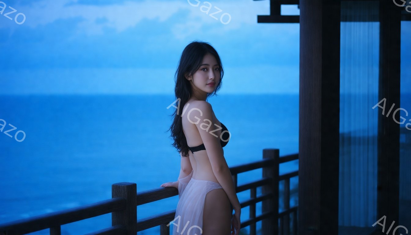 長い黒髪の女性がバルコニーの手すりに寄りかかり、黒いビキニトップと薄いピンクのシアーのスカートを身に着けています。彼女はカメラの方を振り返り、少し微笑んだ表情をしています。背景には広大な青い海と夕暮れのような空が広がり、リゾートの建築の一部である柱がフレームの右側にあります。