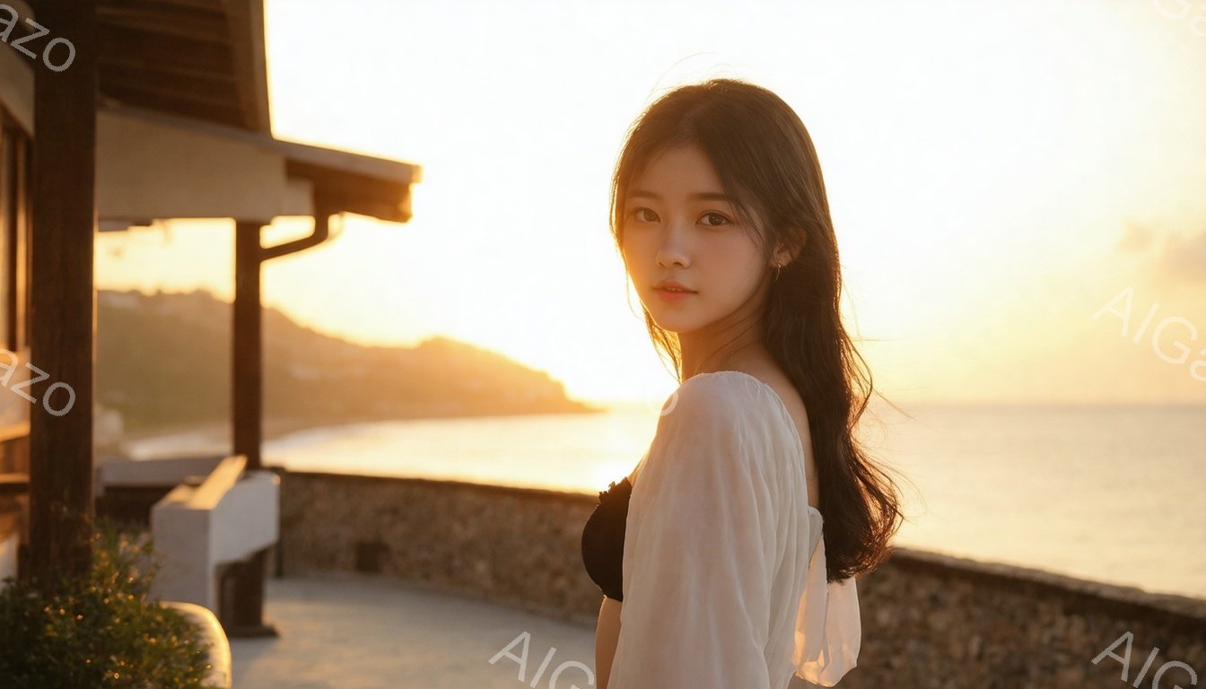 長い黒髪の女性が、肩から滑り落ちるような白いシースルーのシャツを着て、こちらを見つめています。彼女は穏やかな表情で、背景には夕焼けに照らされた海と崖、白いベンチが見えます。全体的に暖かく、穏やかな雰囲気です。