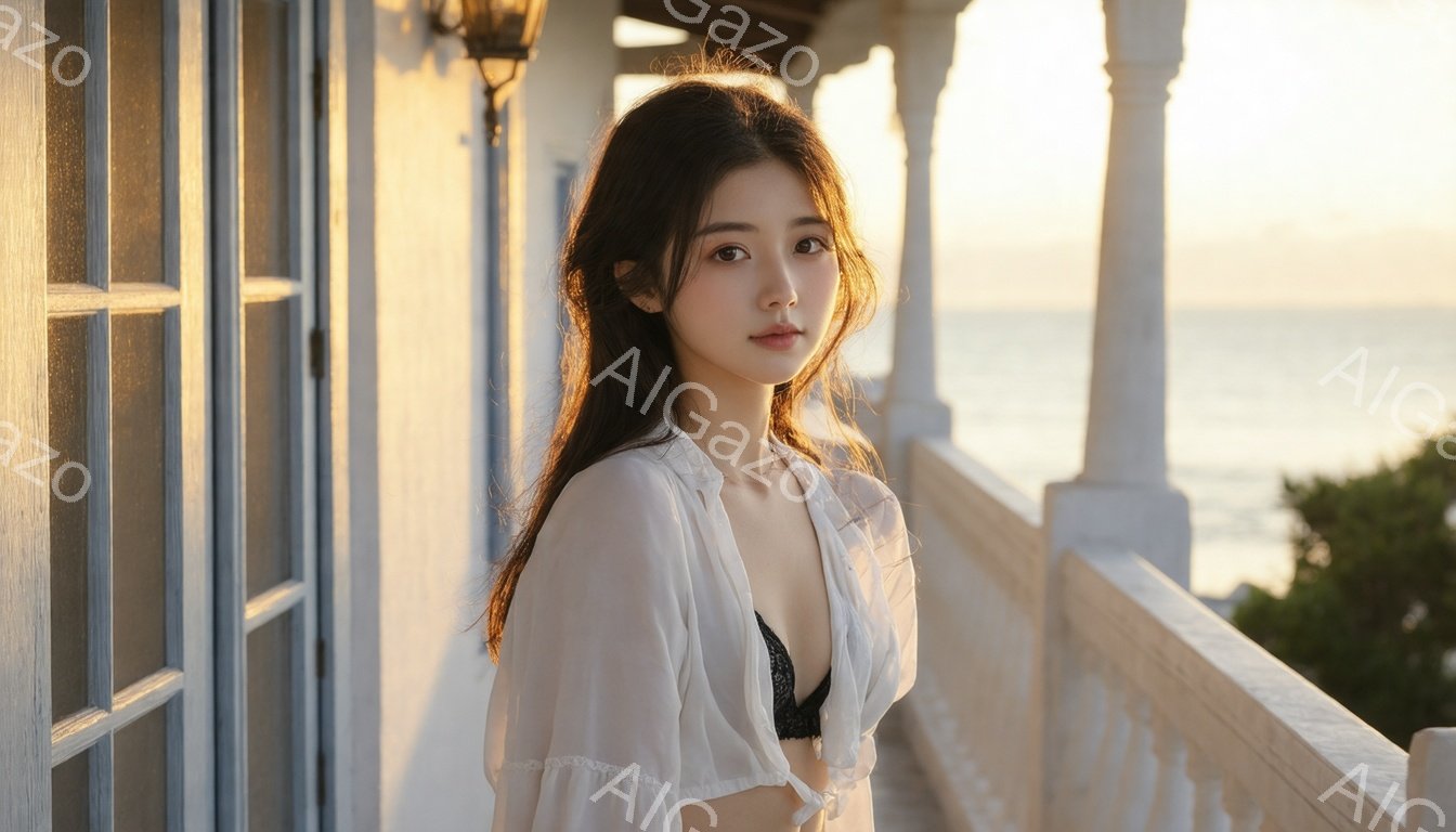 長い黒髪を無造作に垂らし、白いシアーシャツを羽織った若い女性が写っている。黒いレースのブラレットがシャツから覗き、少し憂いを帯びた表情でカメラを見つめている。背景には、白く塗り壁のバルコニー、緑豊かな植物、そして夕焼けに照らされた穏やかな海が広がり、穏やかでロマンチックな雰囲気を醸し出している。
