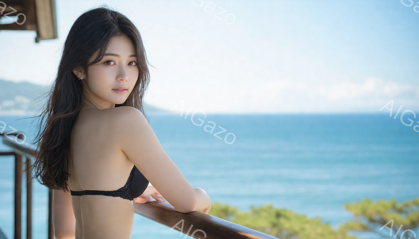 長い黒髪をなびかせ、黒いビキニの上着を着た若い女性が、バルコニーの手すりに寄りかかっています。彼女はカメラの方を振り返り、少し微笑んだ表情を浮かべており、背景には青い海と緑豊かな自然が広がっています。晴れた空と穏やかな海が、リラックスした夏の雰囲気を醸し出しています。