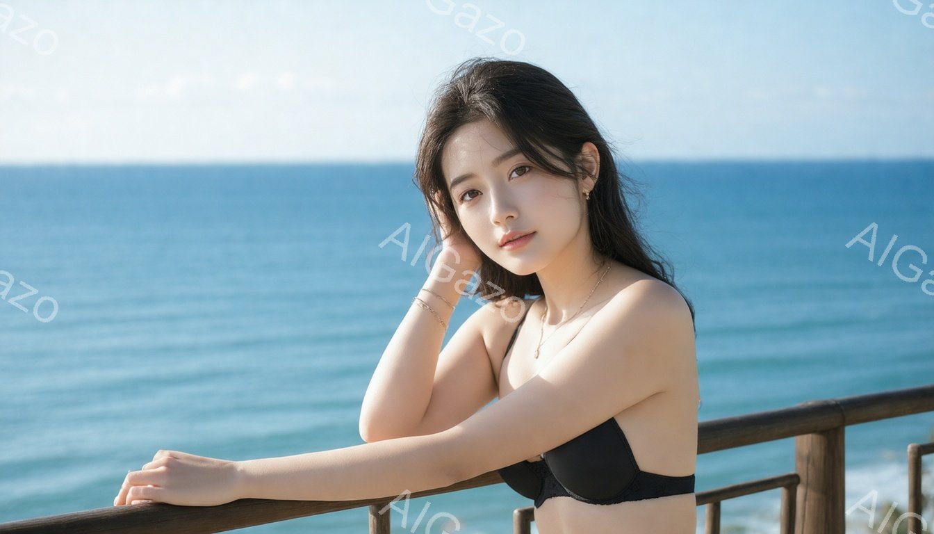 長い黒髪を無造作に垂らし、黒いブラレットと短いパンツ姿の女性が描かれている。彼女は欄干に肘をつき、片手を顎に当てて、穏やかな微笑みを浮かべている。背景には、青い海と空が広がり、晴れた日のリラックスした雰囲気を醸し出している。