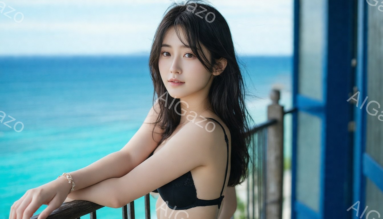 黒いレースのブラレットとショーツ姿の若い女性が、手すりに肘をついてこちらを見つめています。彼女は長い黒髪で、リラックスした表情を浮かべており、手首には華奢なブレスレットが輝いています。背景には、ターコイズブルーの海と青い空が広がり、バルコニーの鉄製の手すりがアクセントになっています。