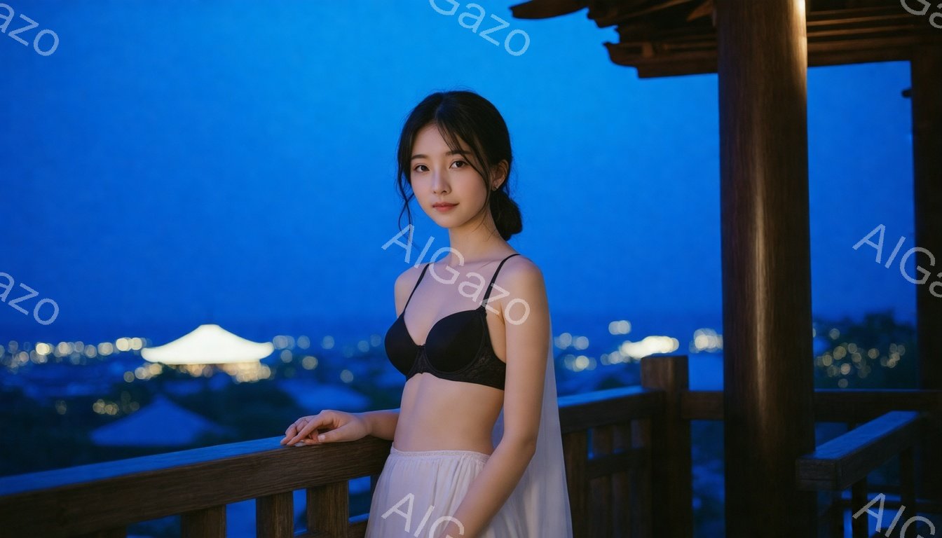 長い黒髪を後ろで束ねた女性が、バルコニーの手すりに寄りかかって立っている。黒いブラレットと白いスカートを身に着け、物憂げな表情で遠くを見つめている。背景には夜景が広がり、ライトアップされた建物が点在し、ロマンチックで少し寂しげな雰囲気を醸し出している。