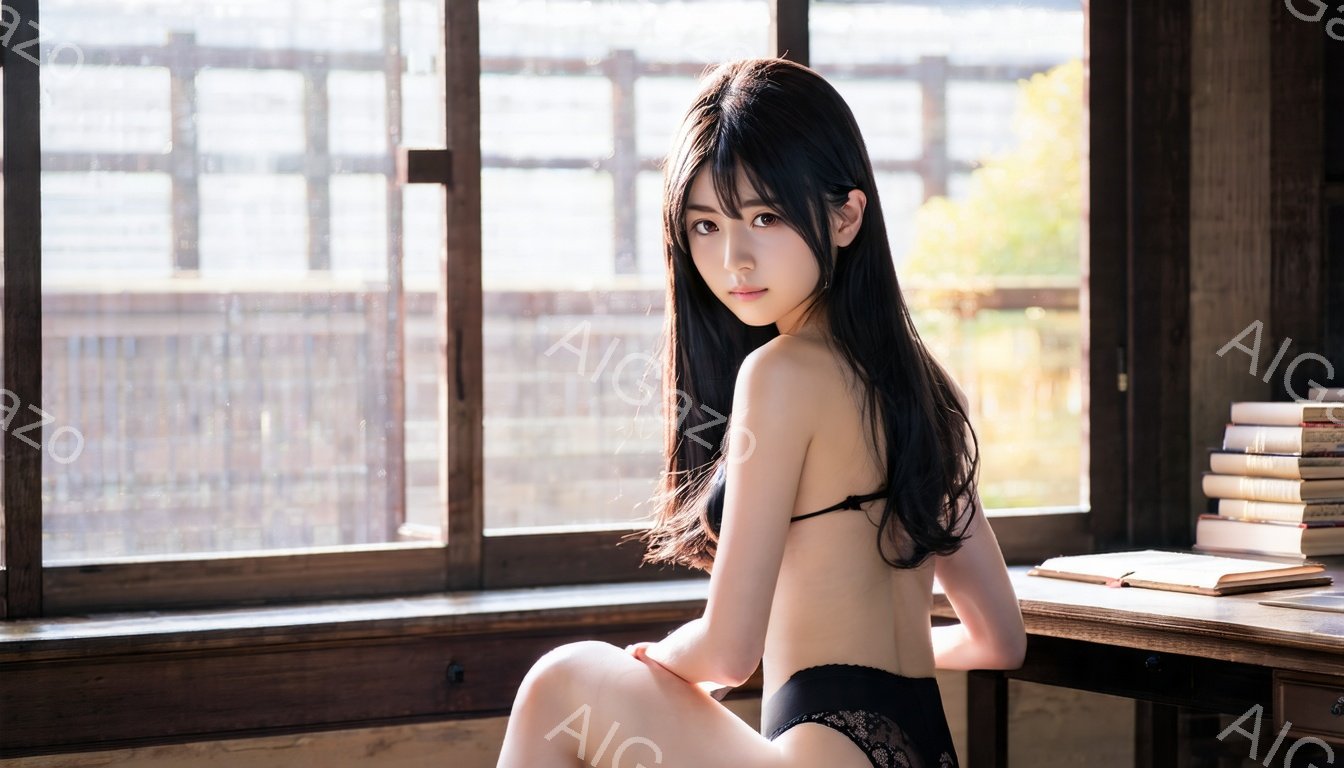 長い黒髪を肩から背中に垂らした若い女性が、窓辺に座ってこちらを見ている。黒いレースのブラとショーツ姿で、わずかに微笑んでいる。背景には古い木造建築と自然光が差し込み、全体的に柔らかく温かい雰囲気が漂っている。