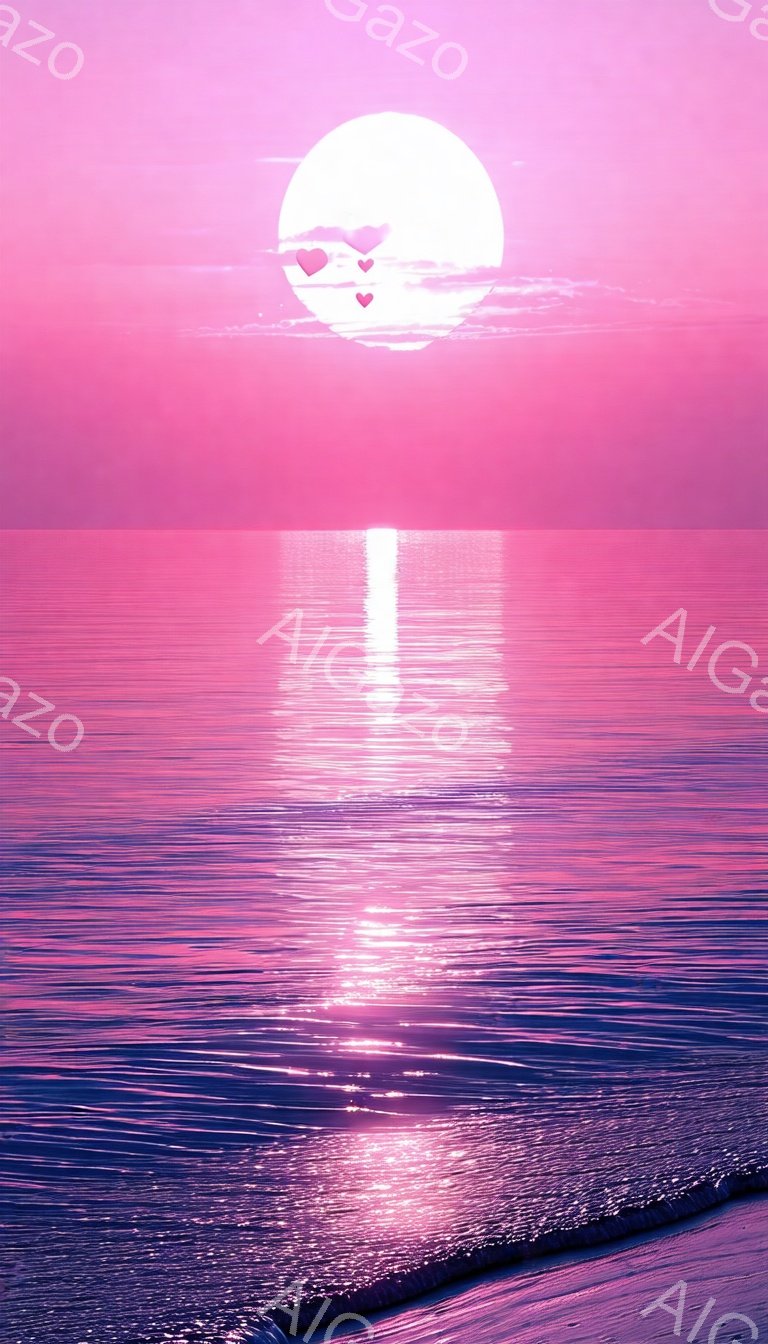 深いピンクと紫色のグラデーションが広がる水平線の上に、輝く満月が浮かんでいる。月の光が海面に反射し、きらめく光の道を作り出しており、空には数個のハート型の光が舞っている。穏やかな波が岸辺に打ち寄せ、全 - AI生成フリー素材