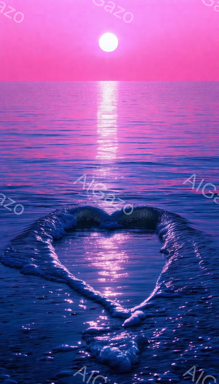 砂浜に波がハート型の模様を描き、夕焼けのピンクと紫色の空が空と海を染めています。太陽は地平線近くに輝き、水面に反射してきらめき、ロマンチックで穏やかな雰囲気を醸し出しています。全体的に、夢のような幻想 - AI生成フリー素材
