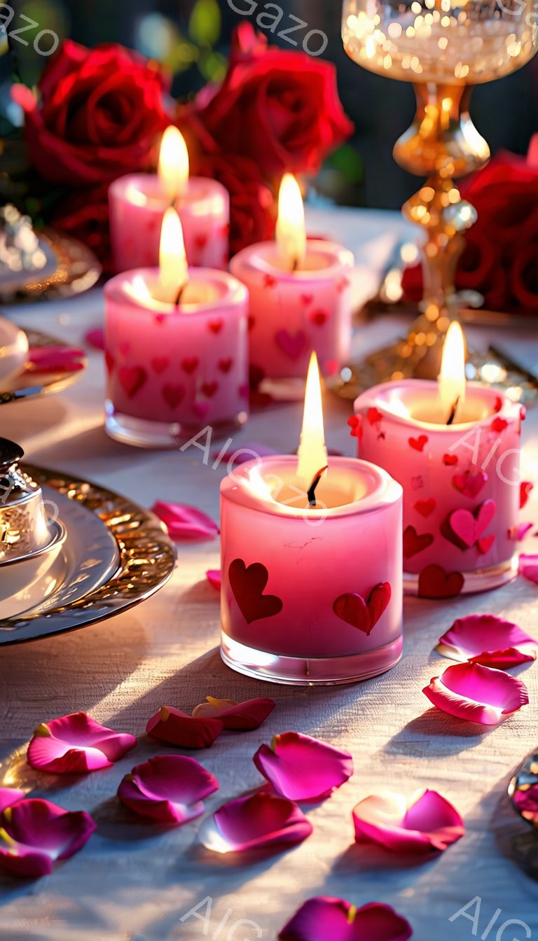 テーブルの上には、ハート模様が描かれたピンク色のキャンドルがいくつか置かれており、それぞれに火が灯っています。赤いバラの花びらがテーブル全体に散りばめられ、金色の装飾と食器が背景にぼんやりと見え、ロマンチックで華やかな雰囲気を醸し出しています。光と影が柔らかく、特別な日のディナーやイベントのために慎重に準備された様子が伝わってきます。