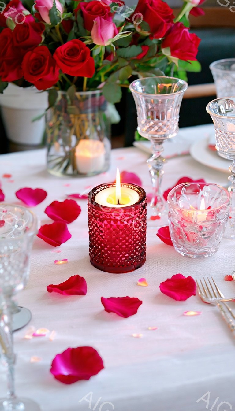 テーブルの上には、赤いバラの花束、キャンドル、ワイングラスが置かれ、バラの花びらが散りばめられています。キャンドルの炎は暖かく、ロマンチックな雰囲気を醸し出し、特別な日のディナーや記念日を連想させます。背景はぼやけていますが、温かみのある光と華やかな装飾が印象的です。
