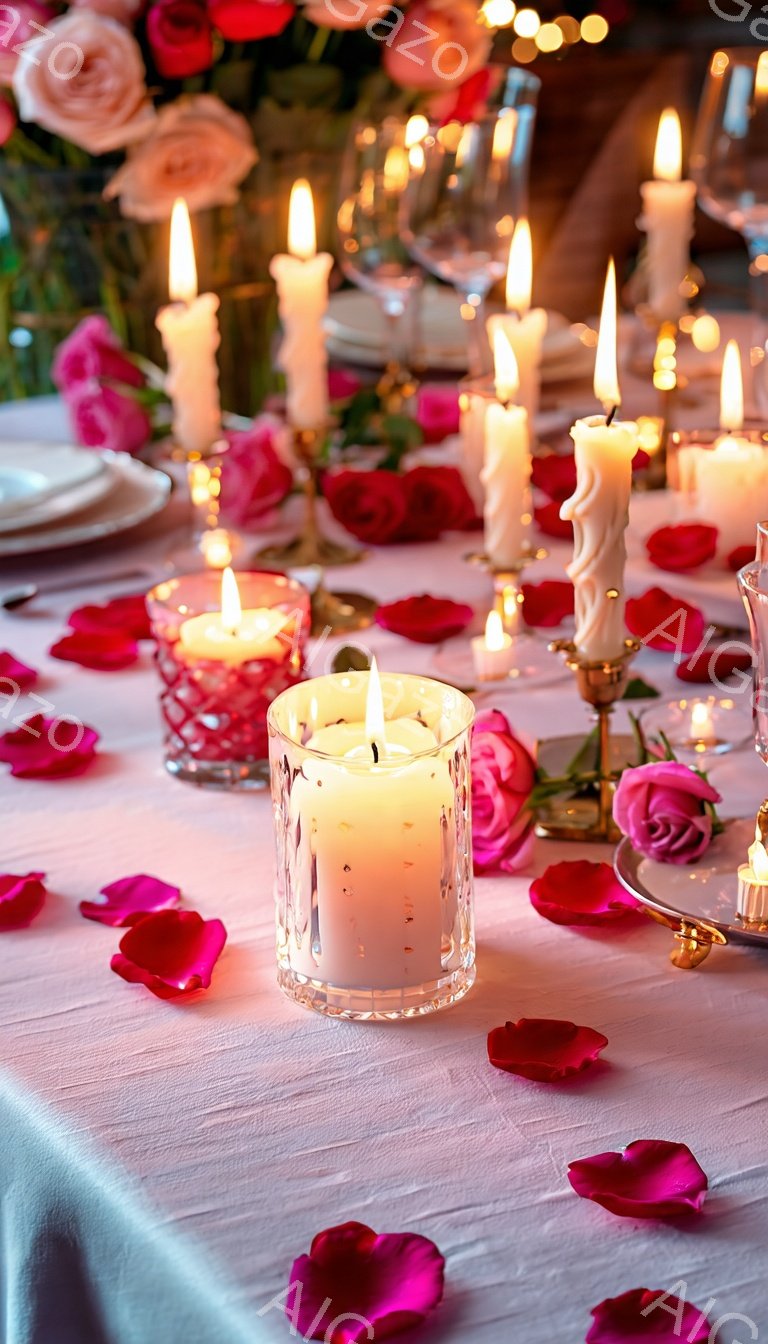 薄いピンク色のテーブルクロスの上に、様々な形のキャンドルとバラの散りびらが散りばめられています。クリスタル製のキャンドルホルダーや、赤いガラス製のホルダーなど、キャンドルの種類が豊富で、温かくロマンチックな雰囲気を醸し出しています。背景にはぼやけた花々と、キラキラと光る小さなライトが見え、特別な夜のためのディナーシーンを表現しています。