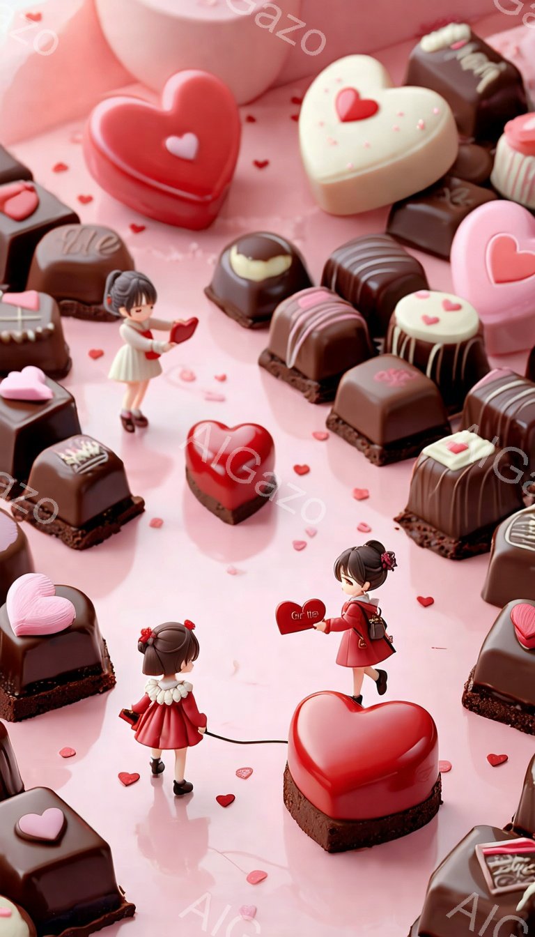 赤い服を着た小さな女の子が、ピンク色の背景に散らばる様々なチョコレートの中で歩いています。彼女は赤いハート型のバッグを持ち、少し上目遣いをしています。チョコレートは様々な形と色をしており、全体的に甘くてロマンチックな雰囲気を醸し出しています。