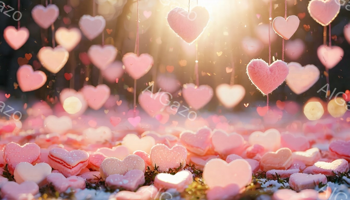 画像は、ピンク色のハートが地面に広がり、上からたくさんのハートが吊り下げられた、甘くてロマンチックな雰囲気です。背景は少しぼやけていますが、雪景色のような自然の中にいるようです。全体的に、バレンタインデーや愛を祝うための温かく、夢のようなシーンが描かれています。