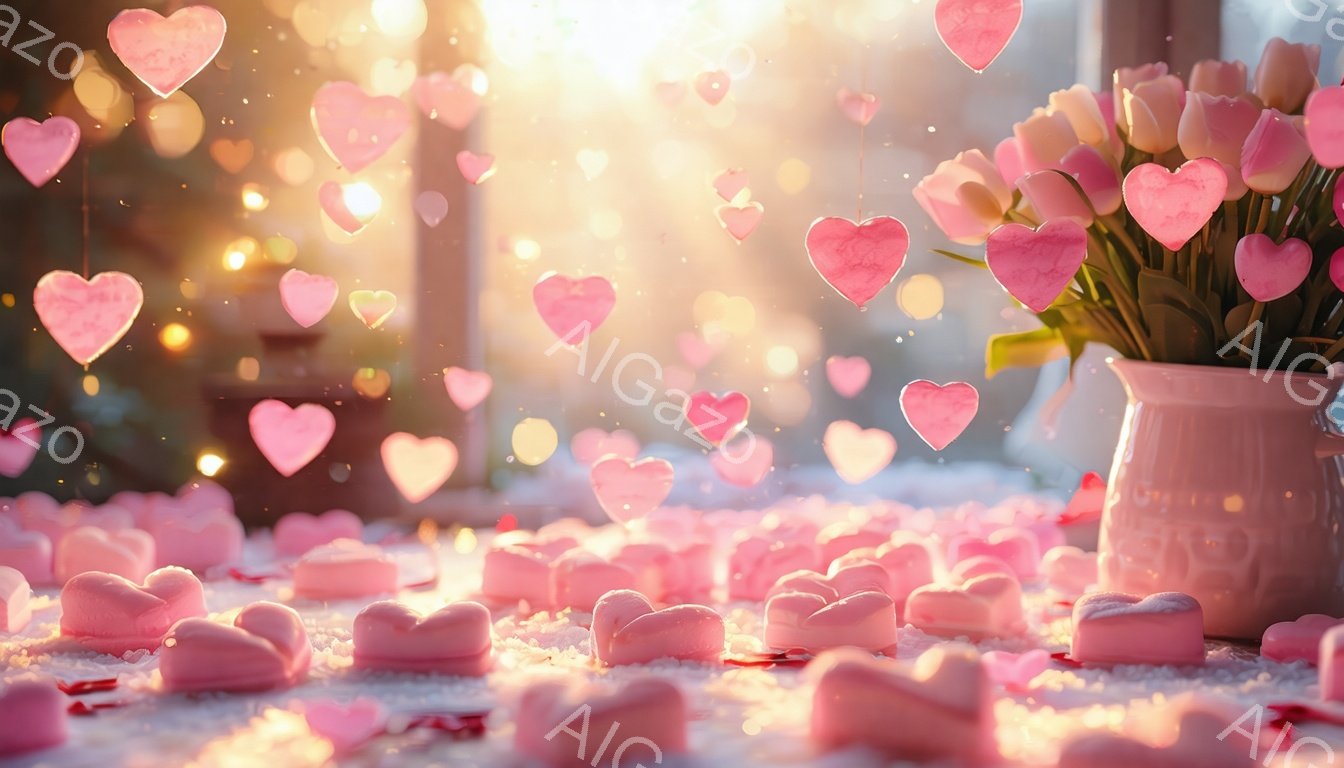 柔らかいピンク色のチュールの上に、白い花束が置かれた可愛らしい光景です。背景にはぼやけた光とハートの形をした光の粒子が舞い、ロマンチックで夢のような雰囲気を醸し出しています。テーブルの上には、ハートの - AI生成フリー素材