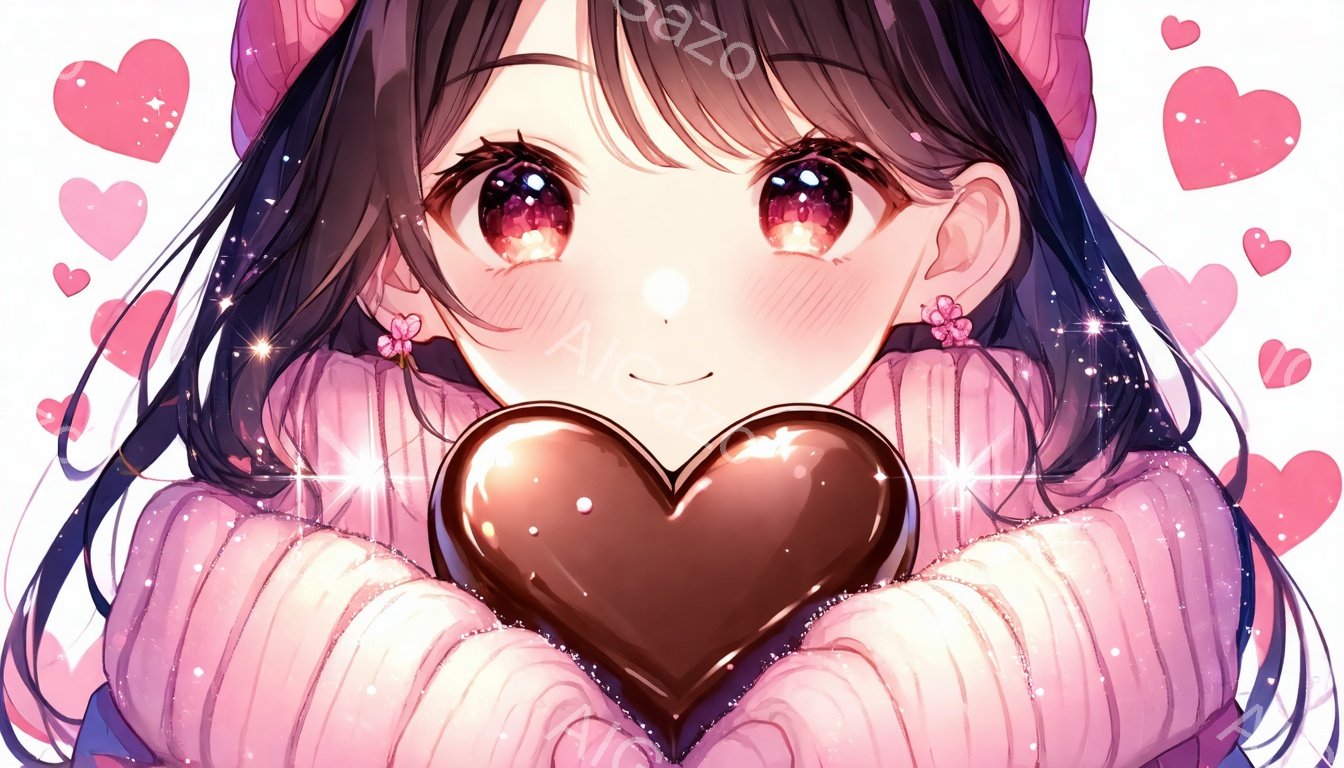 長い黒髪にピンク色のニット姿の少女が、両手でチョコレートのハート型を抱えています。輝く瞳と微笑み、頬はほんのり赤らんでいます。背景にはピンク色のハートが舞い、きらめく光が全体を包み込み、甘くロマンチックな雰囲気を醸し出しています。