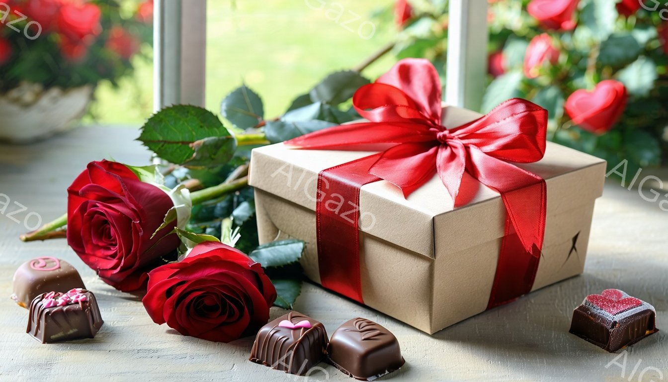 赤いバラ、チョコレート、そしてリボンで飾られた茶色のギフトボックスが、木製のテーブルの上に並んでいます。背景には、ぼやけた花々が見え、ロマンチックで甘い雰囲気を醸し出しています。全体的に、愛とプレゼント、特別な機会を連想させる穏やかで温かいイメージです。