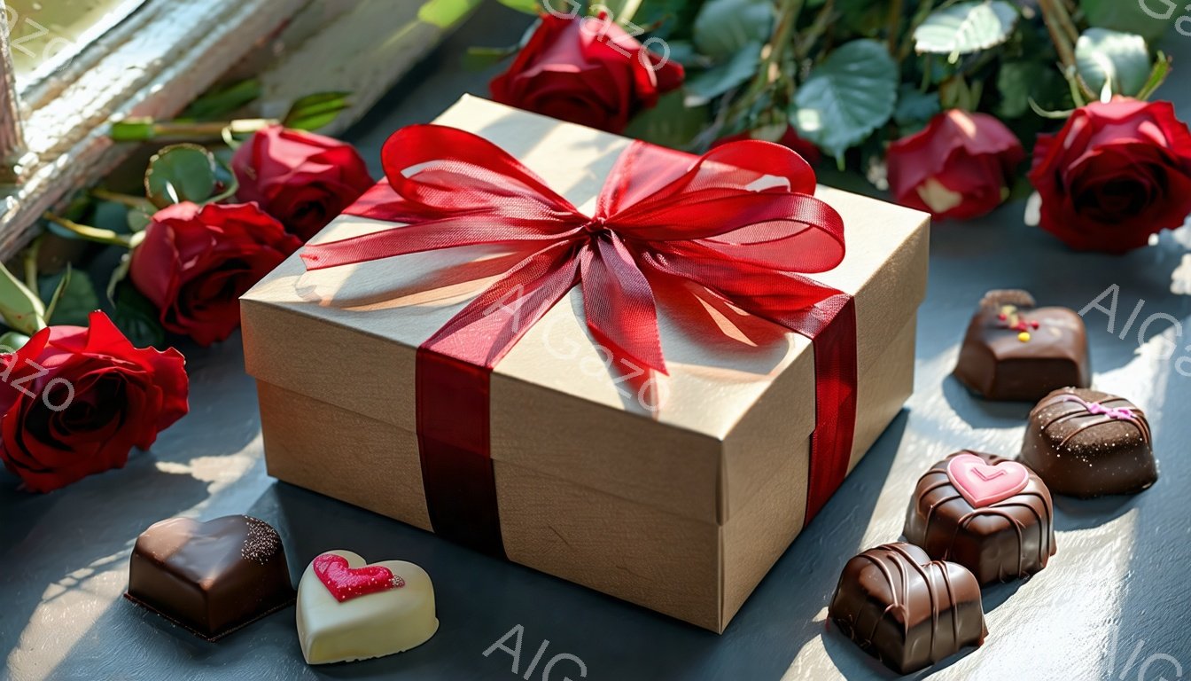 深いグレーの背景に、茶色のギフトボックスが赤いリボンで飾られて置かれています。ギフトボックスの周りには、バラの花と、様々なチョコレートが散りばめられています。全体的にロマンチックで、バレンタインデーや特別な機会を連想させる、温かい雰囲気です。