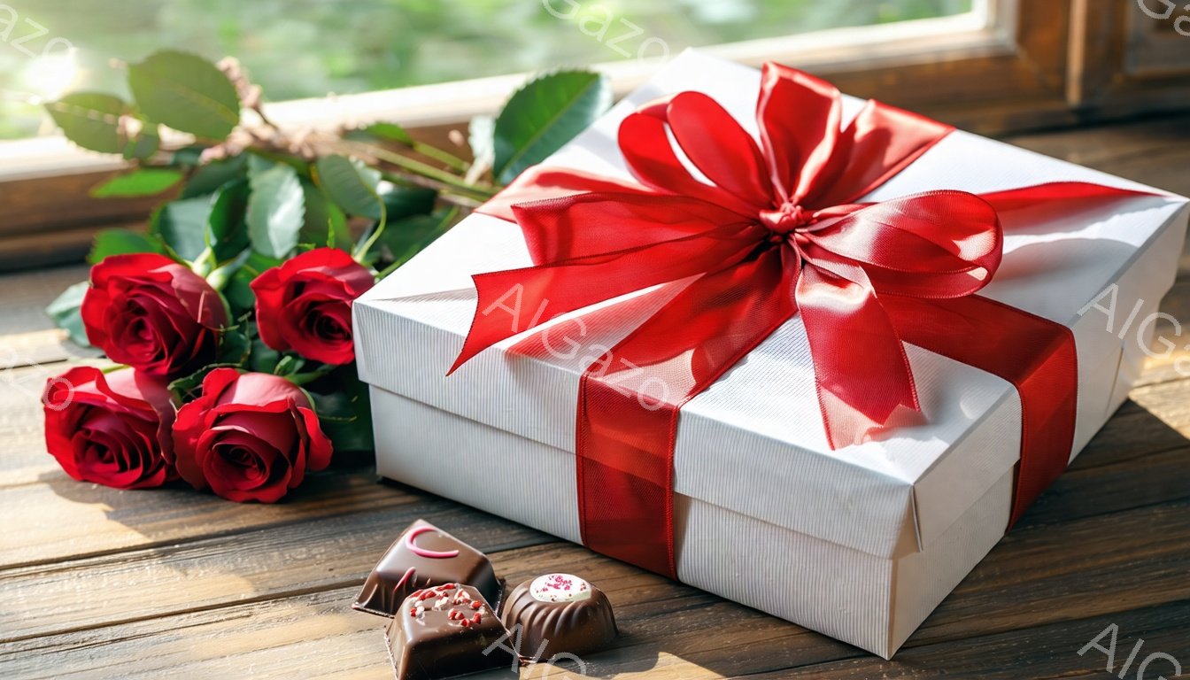 白いギフトボックスが、赤いリボンで美しく飾られ、赤いバラの花束とチョコレートの詰め合わせと共に木製のテーブルの上に置かれています。背景にはぼやけた緑の自然が見え、窓からの柔らかな光が差し込み、ロマンチックで温かい雰囲気を醸し出しています。この配置は、愛情や特別な機会を祝うことを示唆しています。