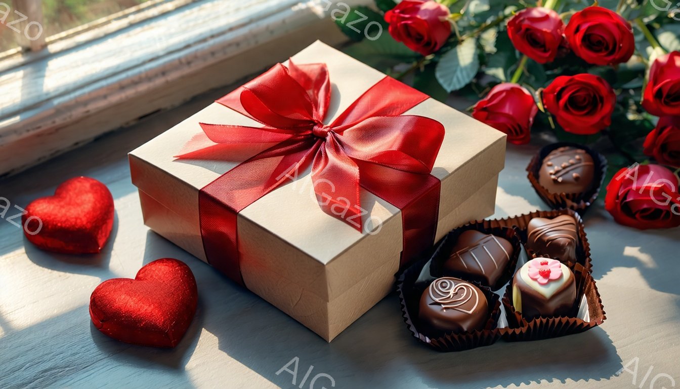 薄いグレーの木製テーブルの上に、リボンで飾られた正方形のギフトボックスと、数個のチョコレート、そして赤いハート型の装飾が置かれています。背景には、窓から差し込む光の中に赤いバラの花束が見え、ロマンチッ - AI生成フリー素材