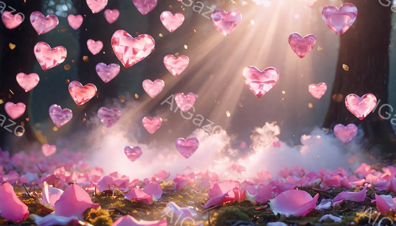鮮やかなピンク色の花びらが地面を覆い、霧のような光が漂う森の中の幻想的な光景です。無数の透明感のあるピンク色のハートが空中に舞い上がり、太陽光線が差し込む中、ロマンチックで夢のような雰囲気を醸し出しています。背景には木々が見え、全体的に柔らかく暖かい光に包まれた、愛と希望に満ちたイメージです。