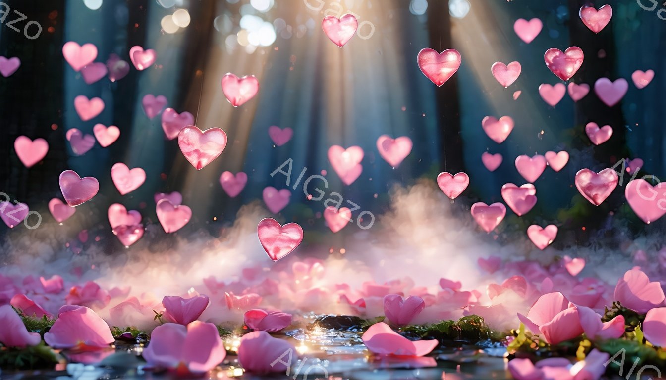 霧に包まれた森の中に、ピンク色のハートと花びらが舞い散る幻想的な光景が広がっています。水の流れに沿って花びらが浮かび、光線が差し込むことで神秘的な雰囲気が強調されています。全体として、夢のようなロマンチックで優しい印象を与えるイメージです。