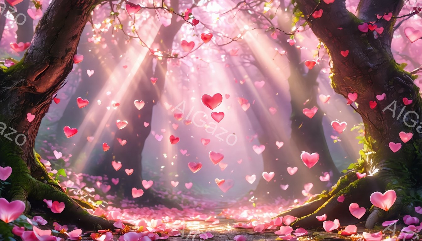 ピンク色のハートが舞い散る幻想的な森の風景です。古木の根元が画面の左右を挟み、奥へと続く道はピンク色の花びらで覆われています。木々の間から差し込む光線が幻想的な雰囲気を高め、春の愛に満ちた温かいイメージを喚起します。