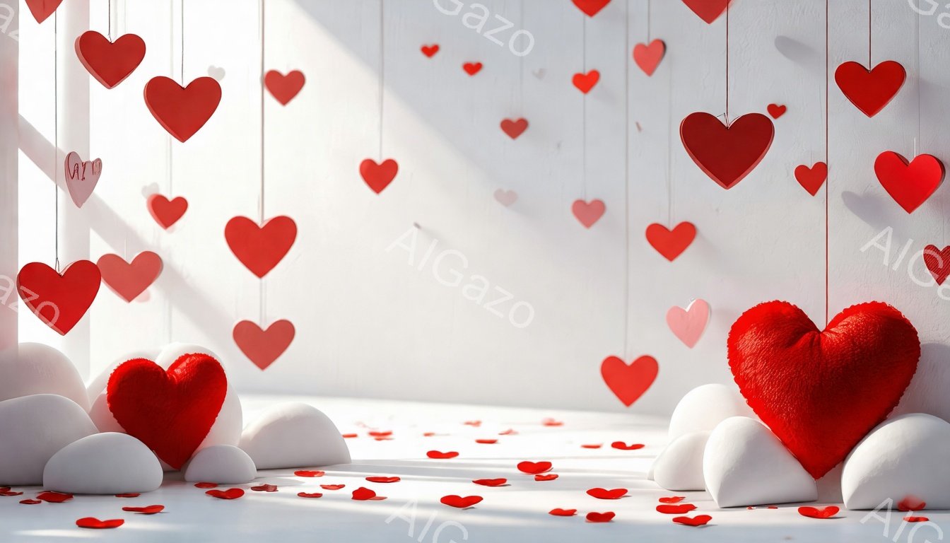 白い背景に赤いハート型の装飾が空中に吊り下げられています。床には、大きな赤いハート型クッションと白いハート型クッションがいくつか置かれ、さらに小さなハートの紙吹雪が散らばっています。全体的に、ロマンチ - AI生成フリー素材