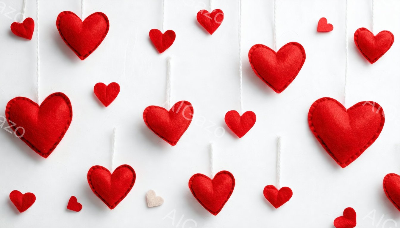 鮮やかな赤いハートが、白い糸で吊るされています。様々な大きさのハートが、背景の白さを際立たせて、愛らしい雰囲気を醸し出しています。全体的にシンプルで温かみのある、バレンタインデーなどのイベントを連想させるイメージです。