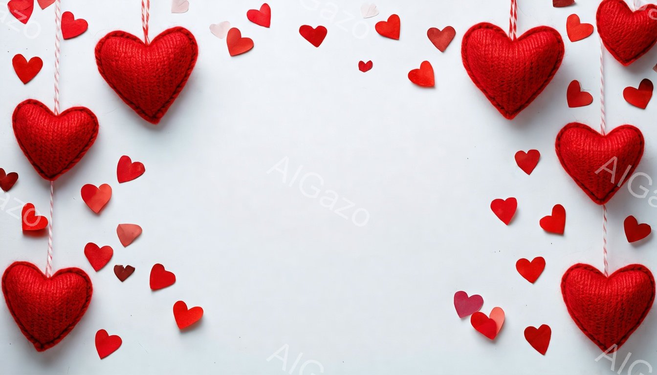 白い背景に、さまざまな大きさの赤いハートが散りばめられています。数個のハートは赤い紐で吊るされ、他のハートは平らに置かれています。全体的に、バレンタインデーや愛を表現する、明るく暖かい雰囲気です。 - AI生成フリー素材