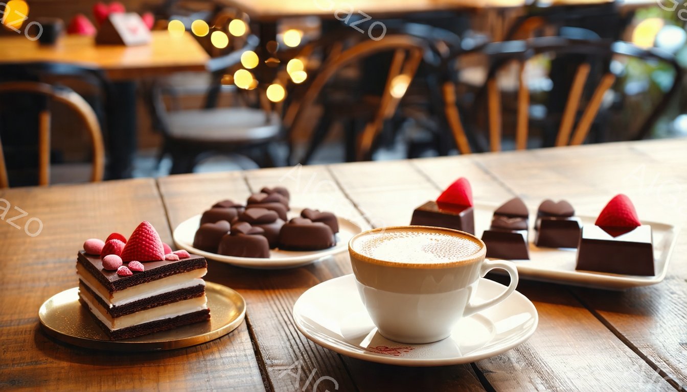 濃い木目のテーブルの上に、可愛らしいケーキとチョコレートが並べられています。カフェラテの入った白いカップとソーサーが中央に置かれ、その周りをイチゴを飾った四角いケーキと様々なチョコレートが彩っています。背景にはぼやけたカフェの椅子が見え、温かみのある光が全体を包み込んでいます。