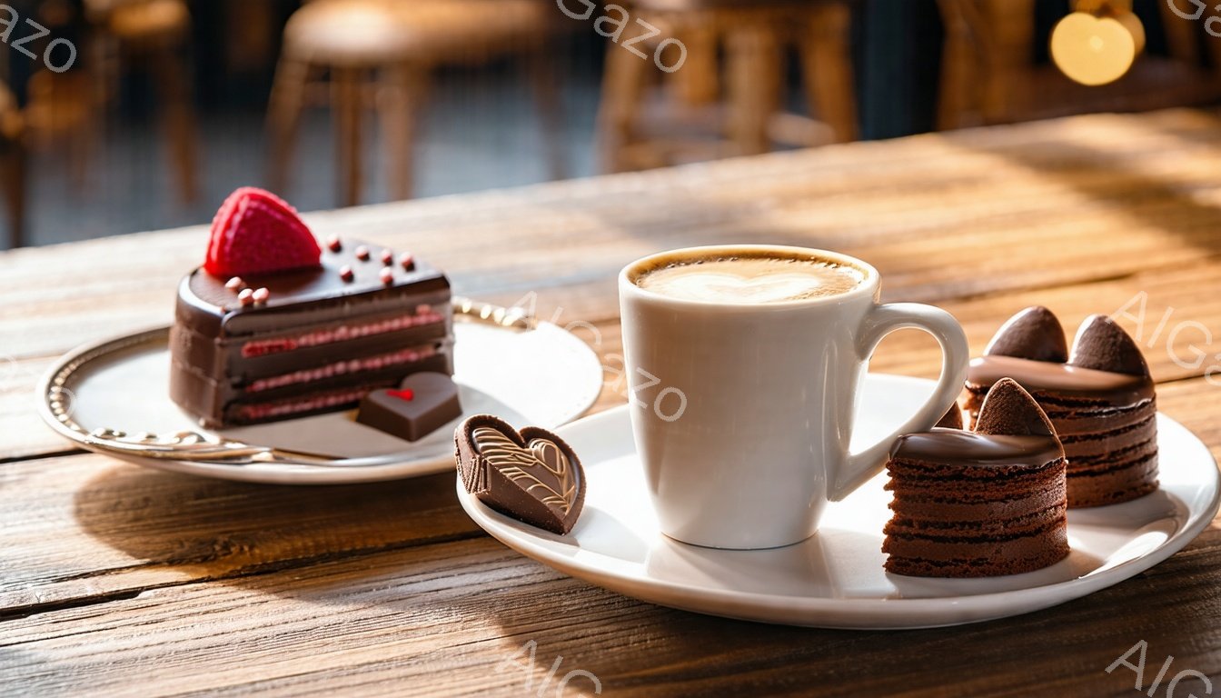 磨かれた木製のテーブルの上に、白いソーサーに乗ったチョコレートケーキ、コーヒーが入った白いマグカップ、そしてチョコレートが並べられています。チョコレートケーキは層になっており、上に赤く熟したラズベリーが飾られています。暖かく居心地の良い雰囲気で、甘いおやつと温かい飲み物を楽しむための設定です。