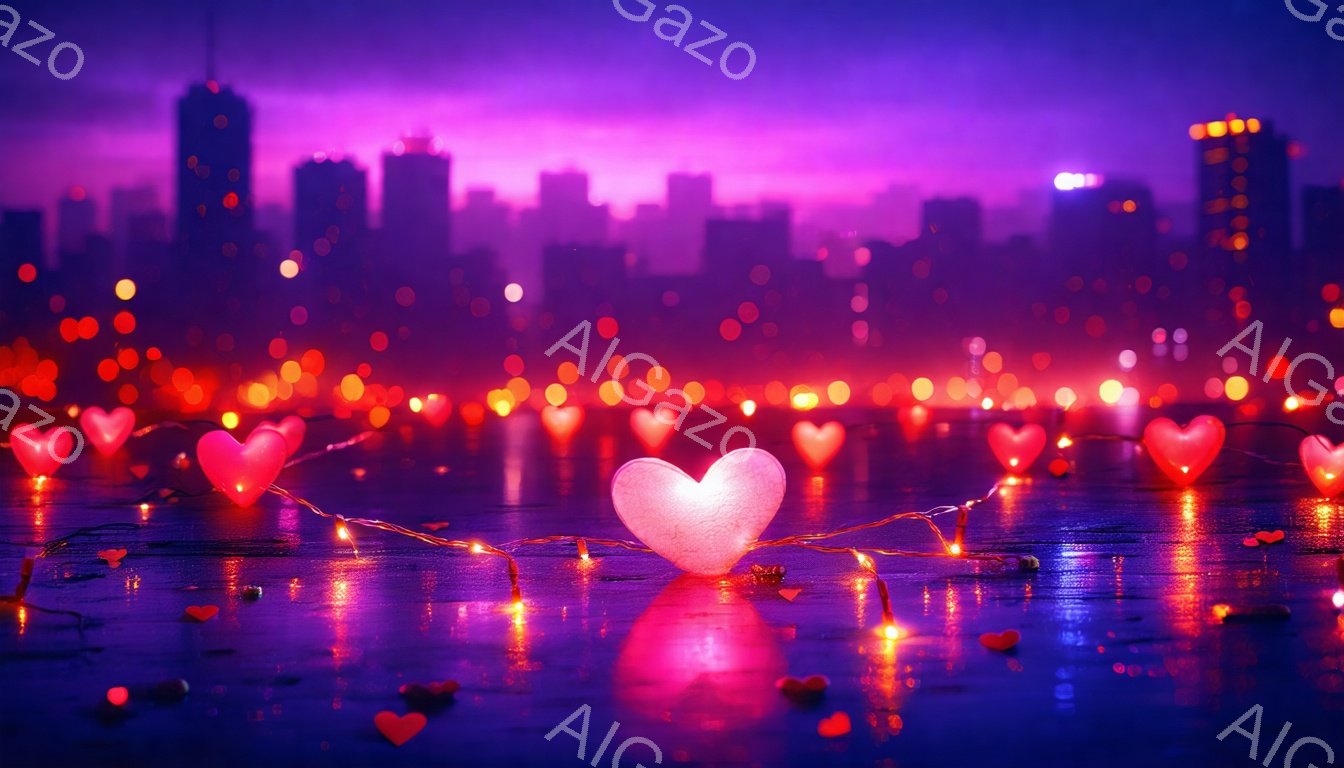 街の明かりが夜空を紫色とオレンジ色に染め上げ、地面は水たまりで覆われ、光を反射している。無数の赤いハート型と点滅する電飾が水面に浮かび、ロマンチックで幻想的な雰囲気を醸し出している。遠くにはシルエット状のビル群が立ち並び、夜の街並みを背景に、愛の光が満ち溢れている。