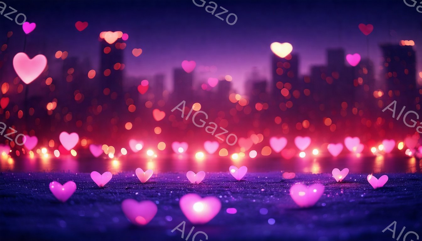 紫がかった夜空の下、都市のシルエットがぼんやりと見え、無数のピンク色のハート型の光が広がる風景です。地面は暗く、光るハートが点在し、まるで星空が地上に降りてきたかのようです。全体的にロマンチックで夢幻 - AI生成フリー素材