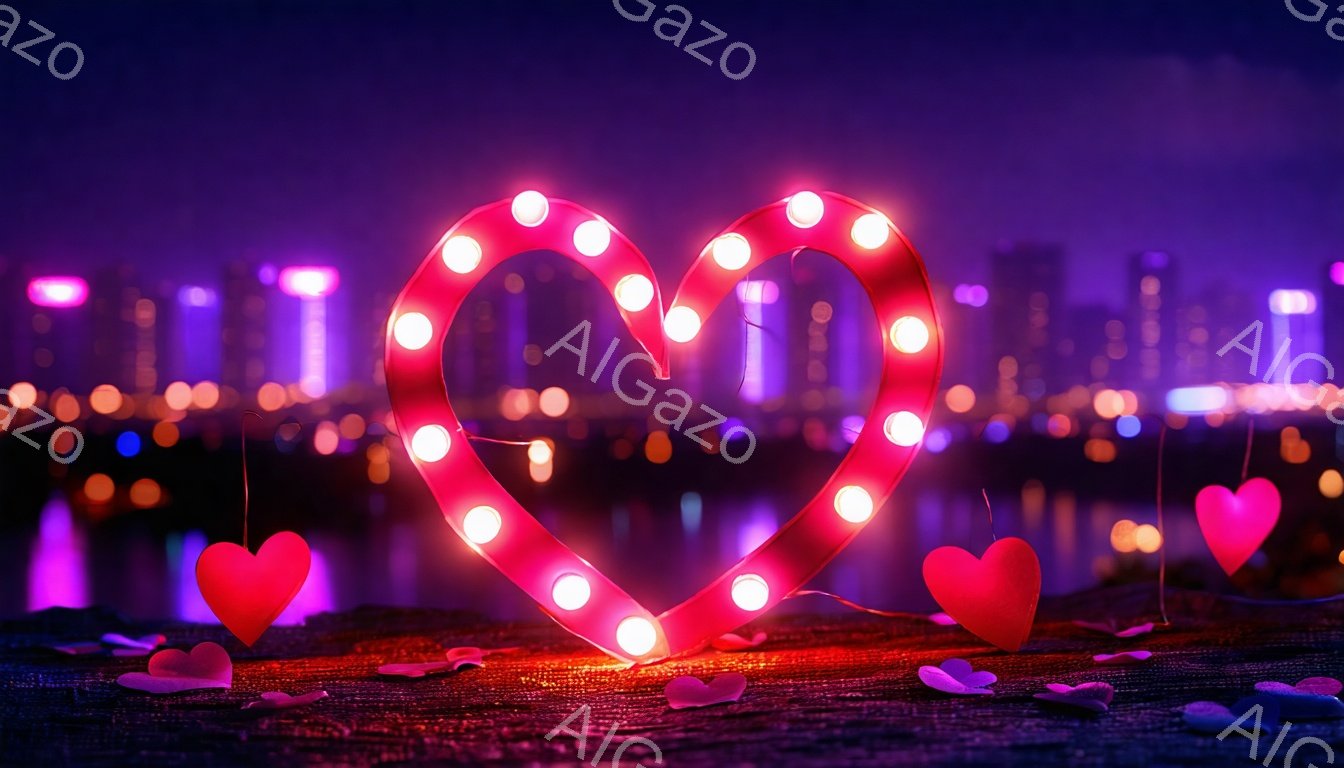 夜景を背景に、光る赤いハート形の電飾が印象的な画像です。地面には赤いハート型の紙片が散らばり、ロマンチックな雰囲気を醸し出しています。遠くにはぼやけた都市の明かりが広がり、幻想的な夜の光景を描写してい - AI生成フリー素材