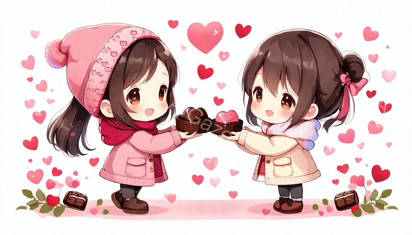2人の幼い女の子が、バレンタインデーのようなハート柄の背景の中でチョコレートを交換しています。それぞれピンクと水色のニット帽とセーターを着ており、黒髪をツインテールにしています。表情は穏やかで、互いに向かい合って微笑みながらプレゼントを差し出しています。