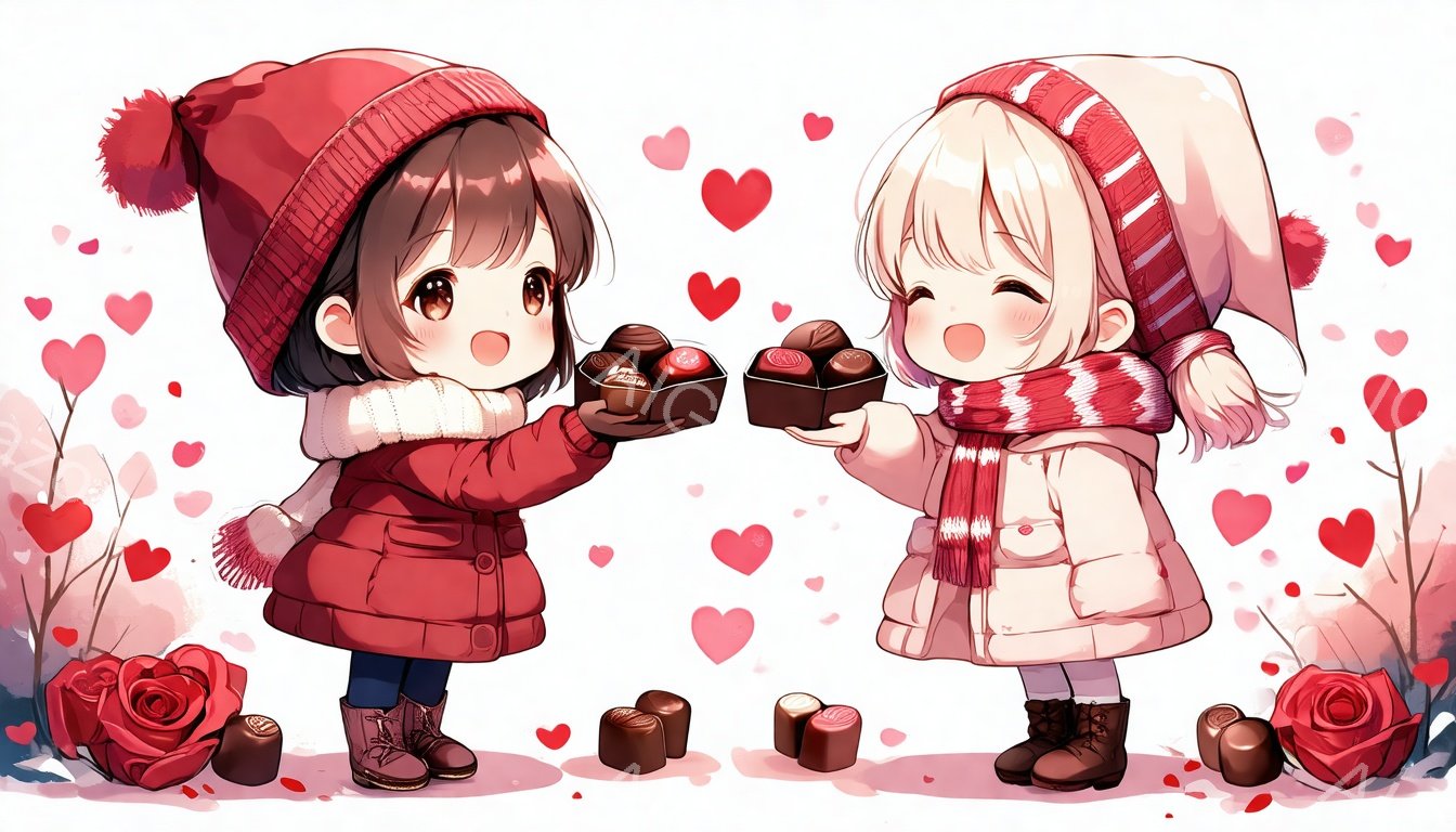 二人の幼い少女が、それぞれチョコレートを手に持ち、互いに差し出そうとしています。少女たちは赤い帽子とコート、マフラーで暖かく身を包み、可愛らしい笑顔を浮かべています。背景にはピンク色のハートやバラの花が散りばめられ、全体的に温かくロマンチックな雰囲気を醸し出しています。