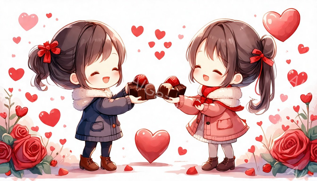 画像には、可愛らしい女の子が二人描かれています。彼女たちはそれぞれ、ピンクと紺色の冬のコートを着ており、黒髪を二つに結んで赤いリボンをつけています。二人は互いにチョコレートを差し出し合い、背景にはバラの花とハートが舞い散り、温かくロマンチックな雰囲気を醸し出しています。