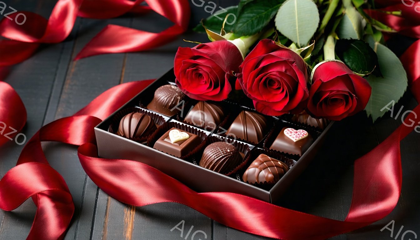 濃い茶色の箱の中に、カラメルやハートの形をしたチョコレートが整然と並べられています。その上に深紅のバラが2本添えられ、箱の周りには鮮やかな赤いリボンが優雅に広がっています。背景は暗い木目で、ロマンチックで甘い雰囲気を醸し出しています。