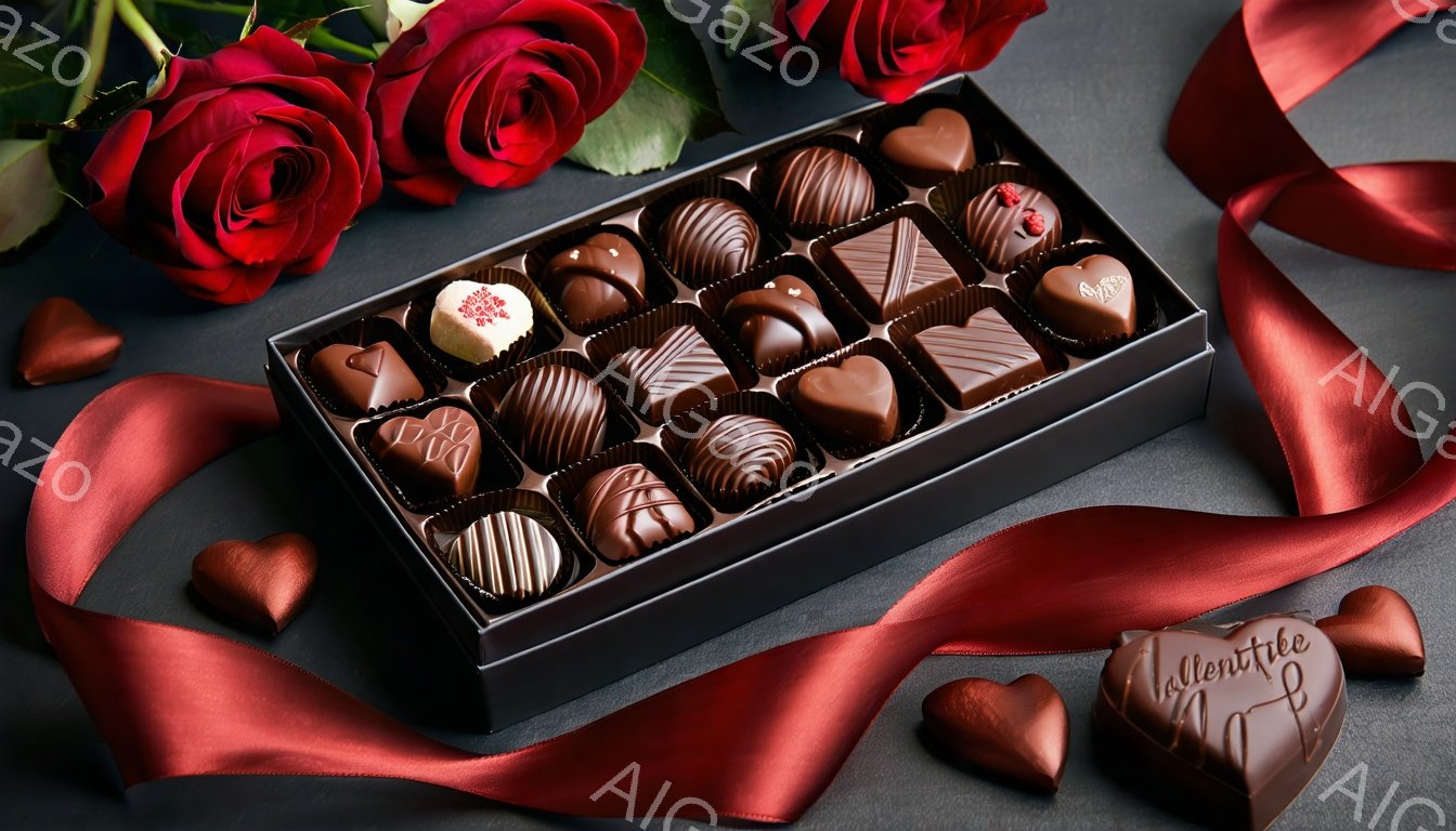 鮮やかな赤いバラとチョコレートの詰め合わせが写っています。黒い箱に並べられたチョコレートは様々な形と模様を持ち、リボンとハート型のチョコレートが背景に添えられています。全体的にロマンチックで甘い雰囲気 - AI生成フリー素材
