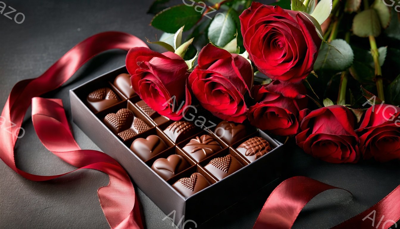 鮮やかな赤いバラが、茶色のチョコレートが並んだ箱の横に置かれています。バラは完全に咲き誇り、深紅色の花びらが美しく、箱はリボンで飾られています。背景は暗いグレーで、チョコレートとバラが際立っています。