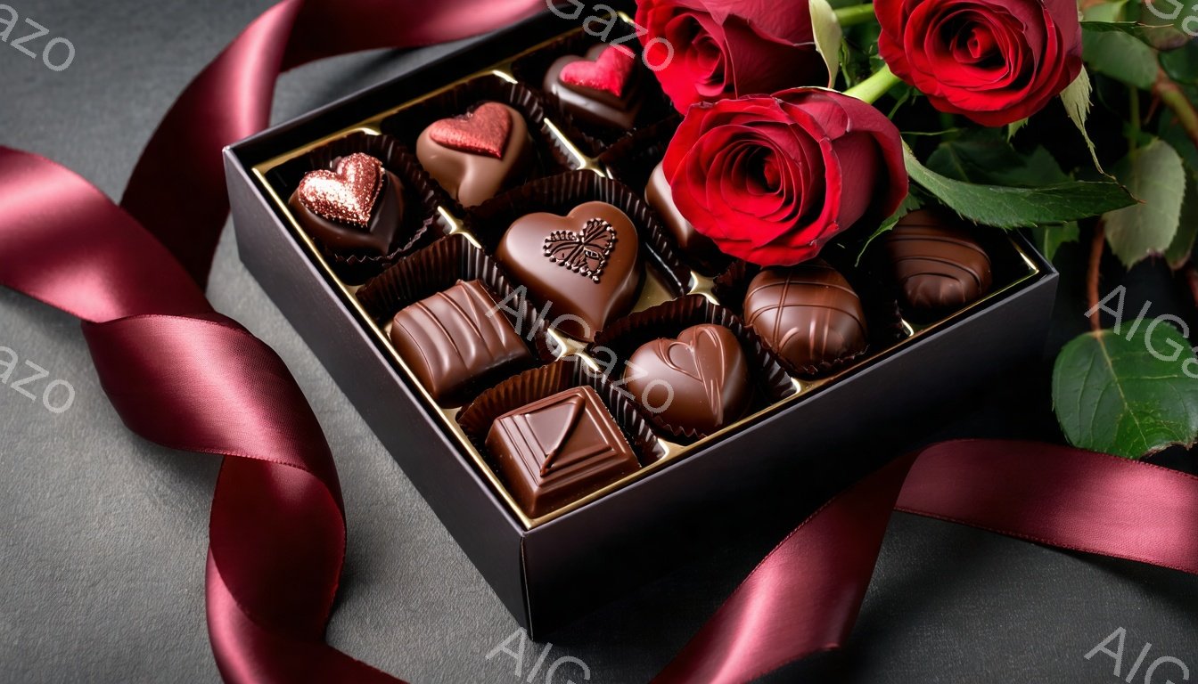 チョコレートが並んだ黒い箱と、赤いバラが写っています。赤いリボンが箱の周りを飾り、背景はグレーの滑らかな質感です。甘くロマンチックな雰囲気で、バレンタインデーや特別な機会にふさわしい構図です。