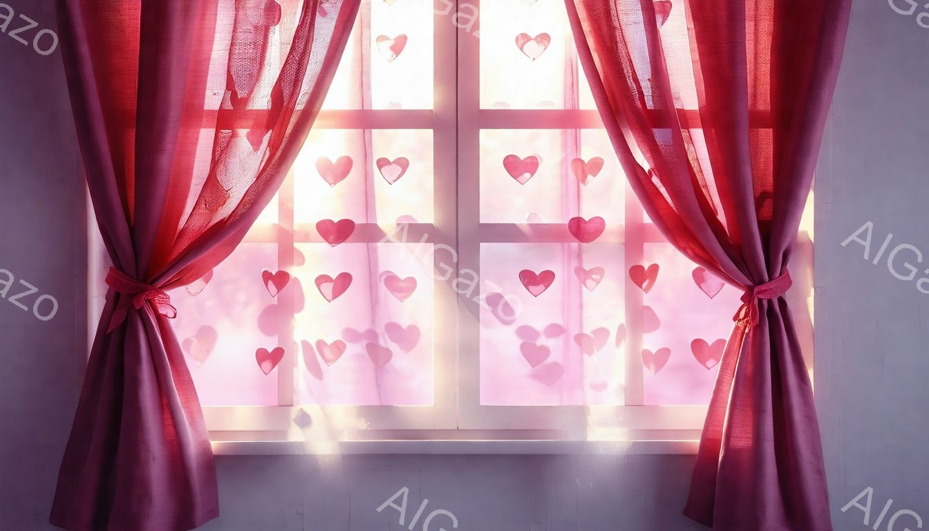 鮮やかなピンク色のハート模様が窓ガラスに映り、優しい光が差し込んでいる。濃い赤色のカーテンが窓を縁取り、その奥にはぼんやりとした明るい背景が見える。全体的に暖かく、ロマンチックな雰囲気を感じさせる画像 - AI生成フリー素材