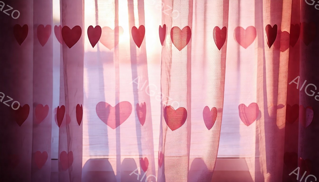 薄いピンク色のカーテンに、赤色のハートの模様が等間隔に並んでいます。窓からは柔らかい光が差し込み、カーテンを通して部屋の中に暖かな光が広がっています。全体的に優しい雰囲気で、春やバレンタインデーを連想 - AI生成フリー素材