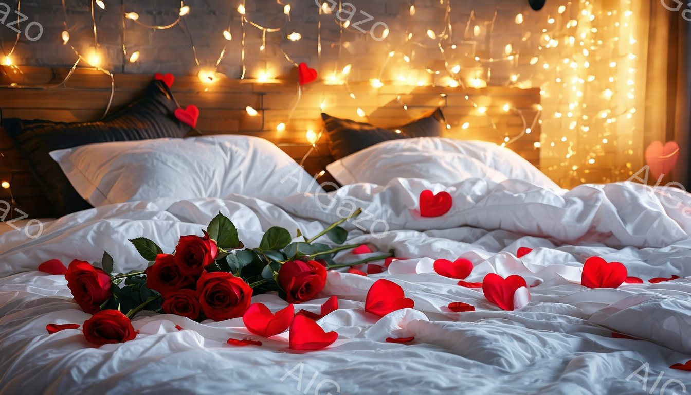 白いベッドの上に、深紅のバラの花束と散りばめられたハート型の赤い花びらが置かれている。ベッドの背景には、レンガ造りの壁と、暖かく煌めく電飾が飾られており、ロマンチックで温かい雰囲気を醸し出している。この部屋は愛情に満ちた特別な夜を暗示しており、花と光がその雰囲気を高めている。