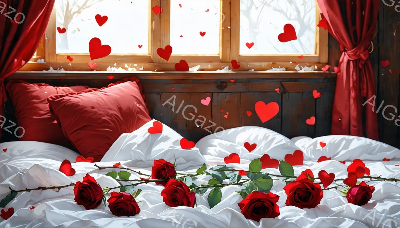 ベッドの上には、白いシーツと赤い枕が置かれ、赤いバラの花とハート型の紙吹雪が散りばめられています。窓の外には木のシルエットが見え、暖かくロマンチックな雰囲気を醸し出しています。この構図は、愛とロマンスを表現しており、バレンタインデーや特別な記念日を連想させます。