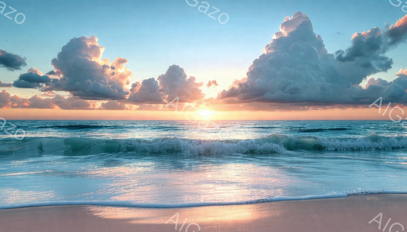 穏やかな波が砂浜に打ち寄せ、夕焼けが空をオレンジ色とピンク色に染め上げている。厚い雲が空を覆い、太陽の光を柔らかく拡散させ、暖かく幻想的な雰囲気を醸し出している。水面には太陽の光が反射し、キラキラと輝き、自然の美しさを強調している。