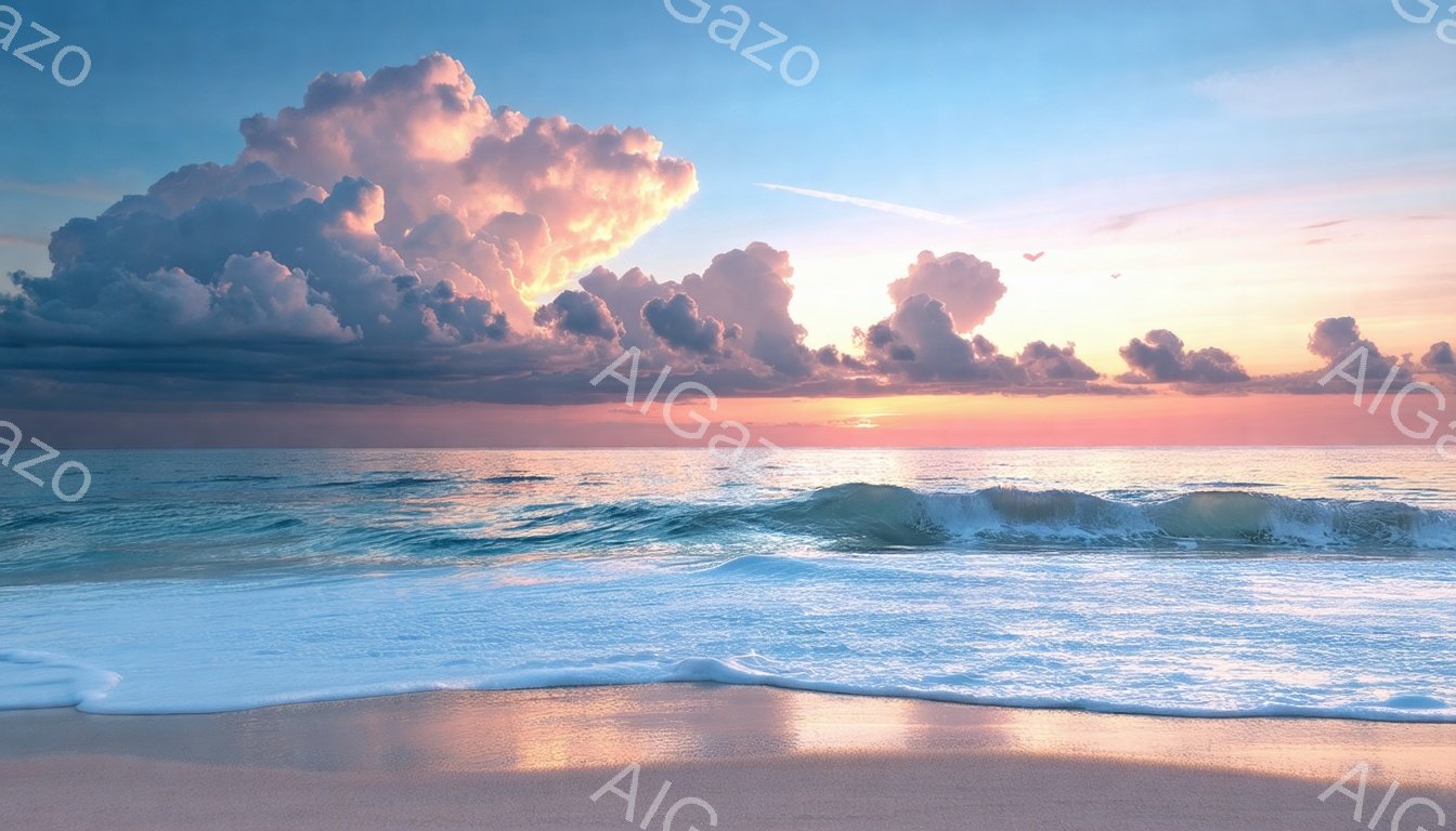 広大な海が夕焼けに照らされ、空にはもくもくとした雲が広がっている。波は穏やかに打ち寄せ、砂浜はピンクとオレンジの色合いに染まっている。全体的に穏やかで幻想的な雰囲気が漂い、安らぎを感じさせる風景だ。