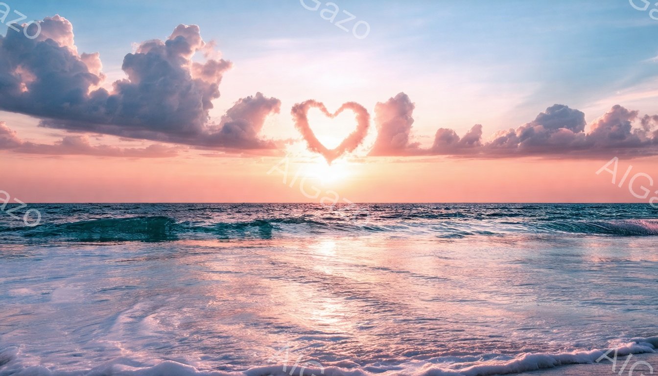 広大な海が広がり、夕焼け空がピンクとオレンジ色に染まっている。雲がハート型に集まり、夕日の光を浴びて輝いている。穏やかな波が砂浜に向かって打ち寄せ、暖かい雰囲気を作り出している。 - AI生成フリー素材