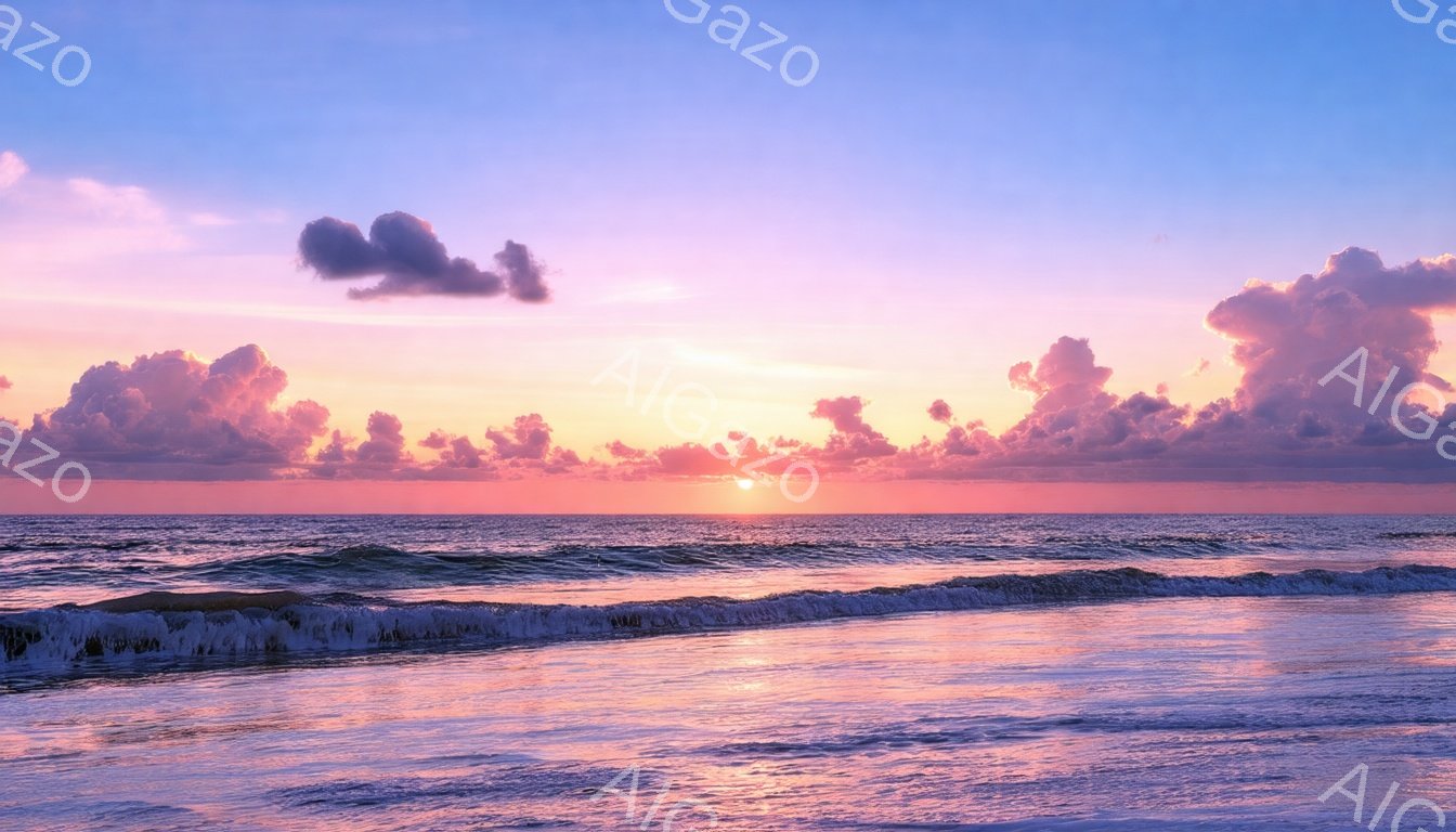 広大な海原に、夕焼けが鮮やかに広がっている。空には、燃えるようなオレンジ色からピンク色へとグラデーションを描く雲が漂い、水面もその光を反射してキラキラと輝いている。穏やかな波が打ち寄せ、静寂と美しさが調和した、安らぎに満ちた情景だ。