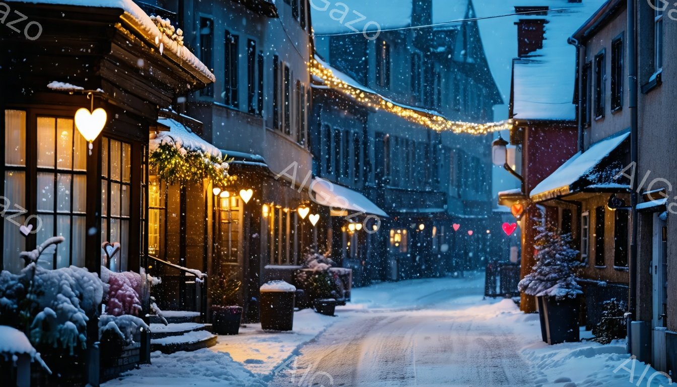 雪が降り積もる夜の、石畳の道が続く街並みが見える。暖色の提灯のような照明が並び、建物の窓からは温かい光が漏れ出し、冬の寒さを和らげている。雪景色と提灯の光が、静かで幻想的な雰囲気を醸し出している。